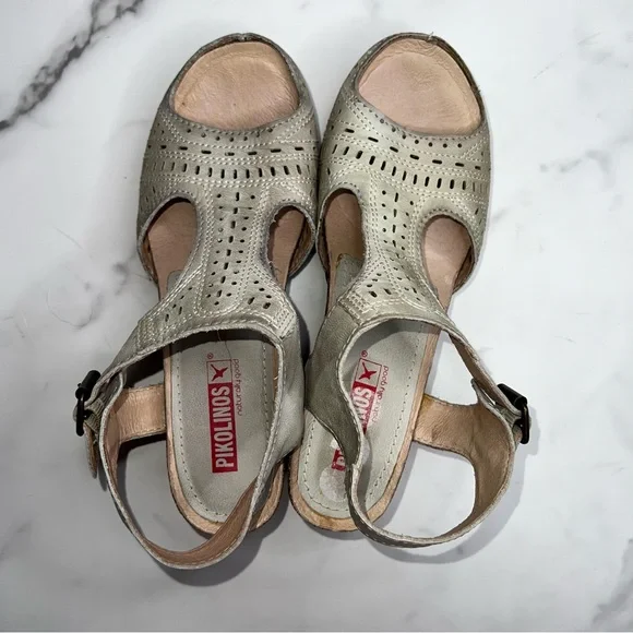 PIKOLINOS Moraira Gray Leather Laser Cut T Strap Sandal Size 37 - Picture 12 of 13